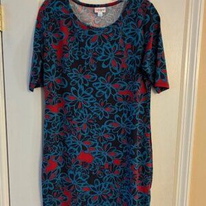 LuLaRoe Women's Fitted Knit Bodycon Blue Floral Midi Short Sleeve Dress Sz L